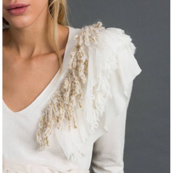 Twinset Wool Cashmere Blend Sweater L Asymmetric Ruffle Fringe Ivory Luxury - Picture 1 of 15